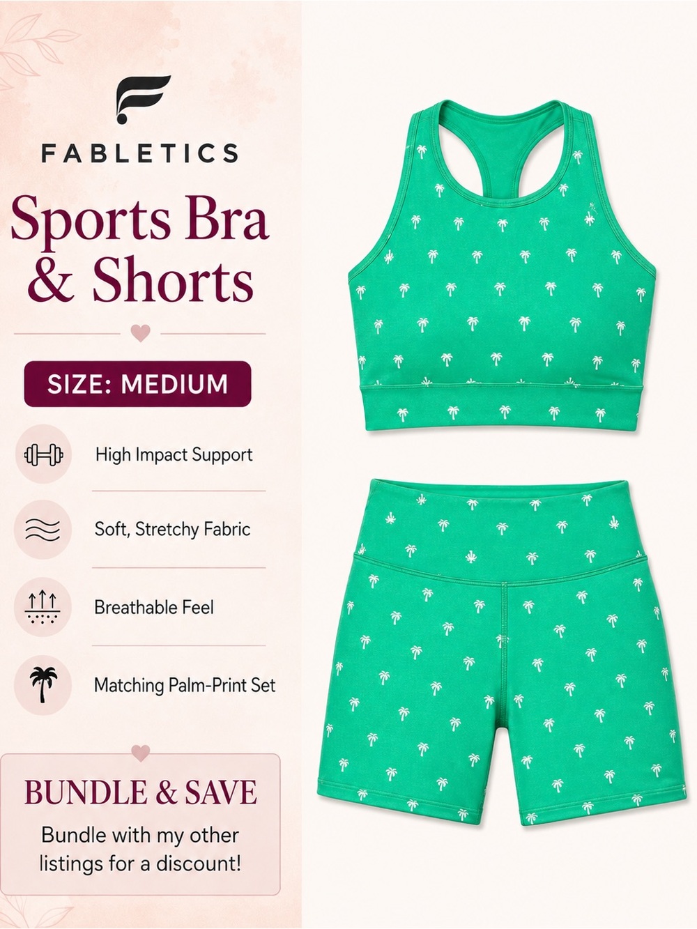 Fabletics medium set- Green Palm-Print Bike Shorts 6 inch and sports bra
